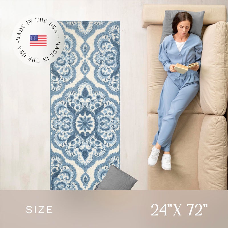 Maples Rugs Vivian Medallion Runner Rug - Made in USA - Washable, Non Slip, Indoor Carpet for Hallway, Kitchen, and Laundry Room, 2' x 6', Blue/White - Image 3